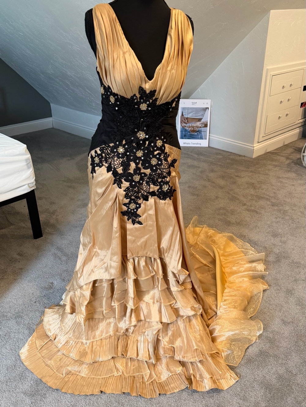 Gold Pleated Evening Gown with Black Lace Appliqué